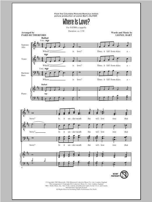 Download Lionel Bart Where Is Love? (arr. Paris Rutherford) Sheet Music