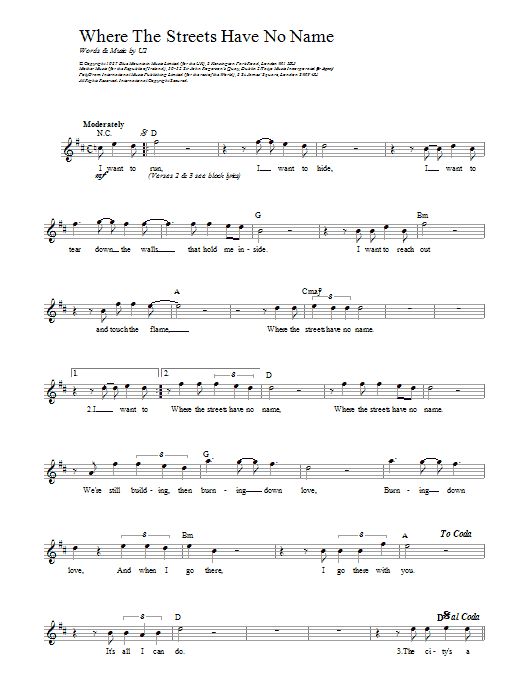 Download U2 Where The Streets Have No Name Sheet Music