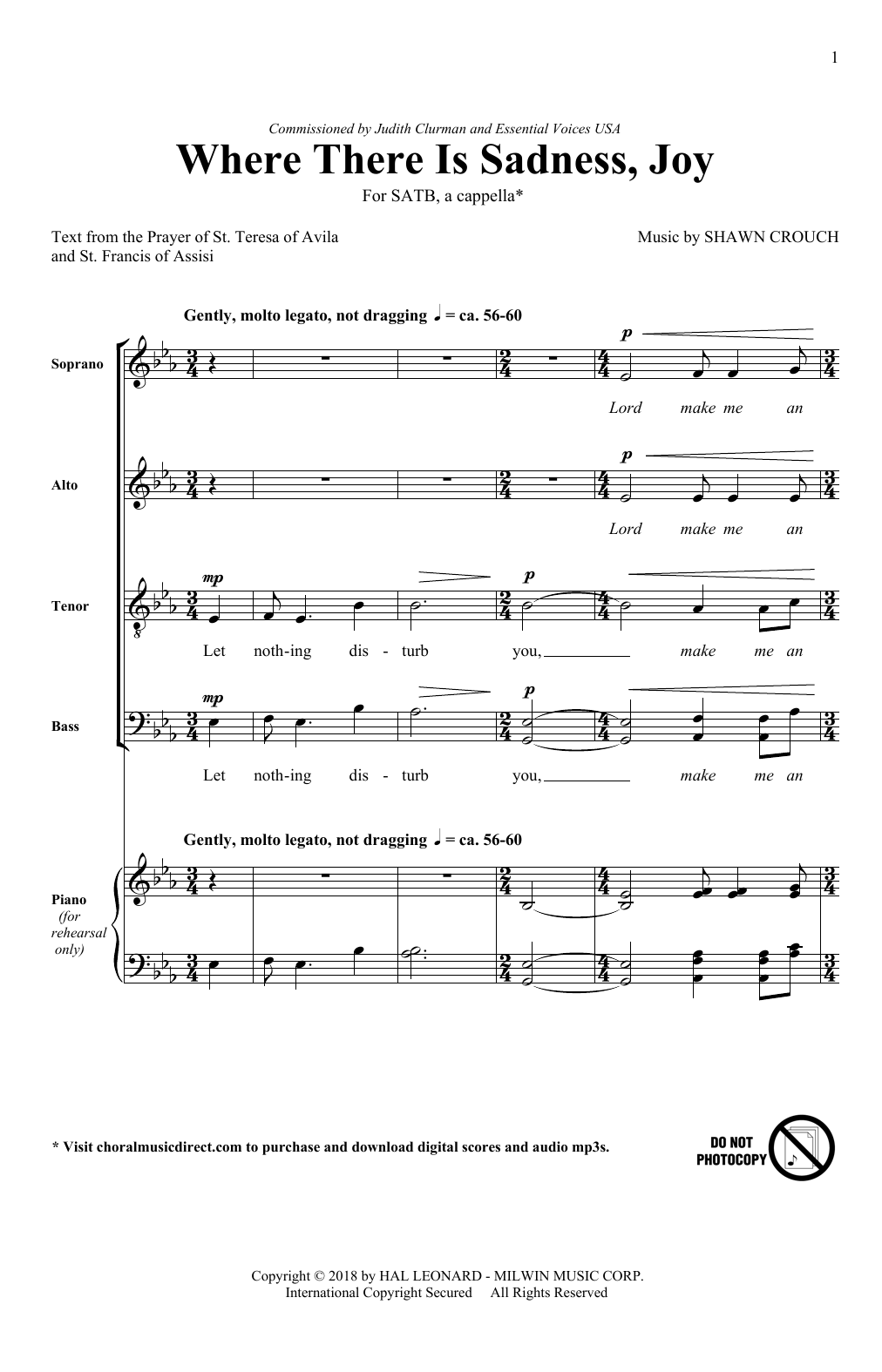 Download Shawn Crouch Where There Is Sadness, Joy Sheet Music