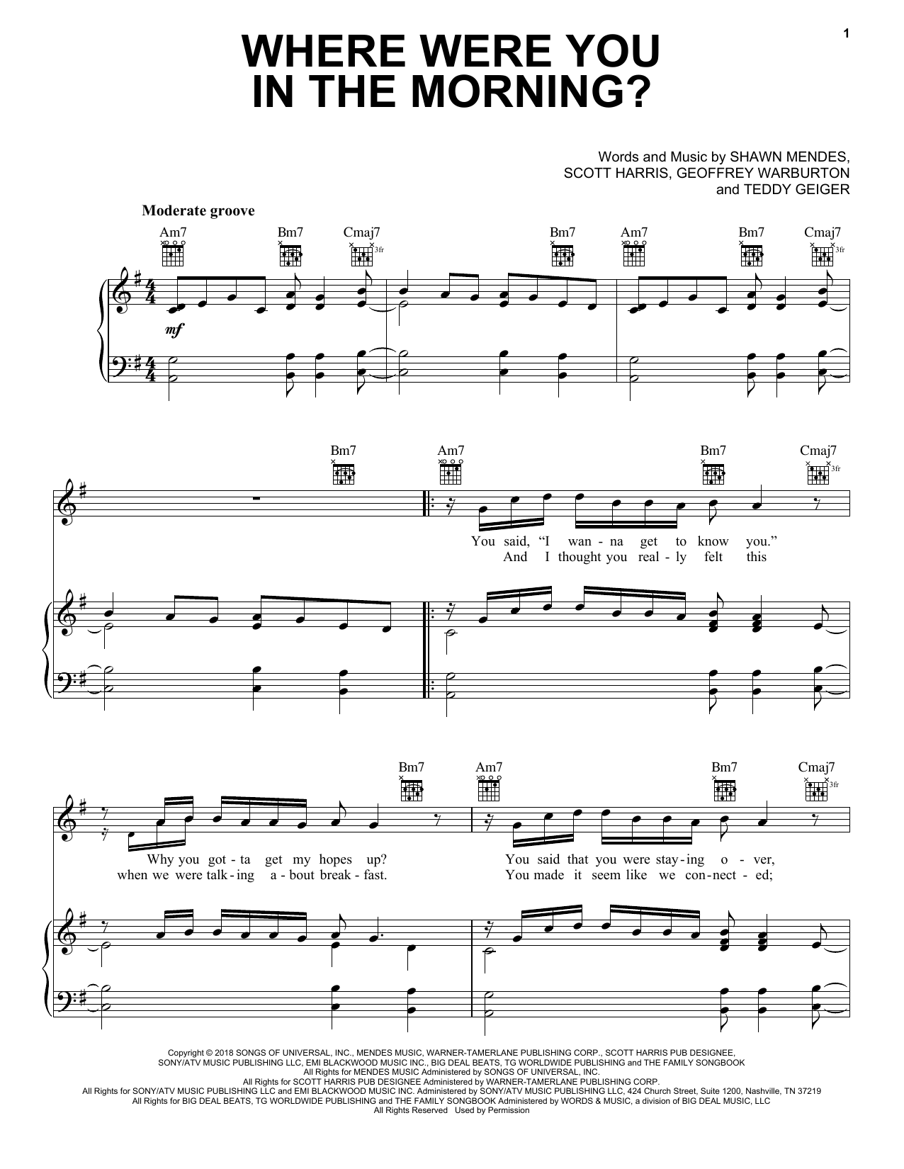 Download Shawn Mendes Where Were You In The Morning? Sheet Music