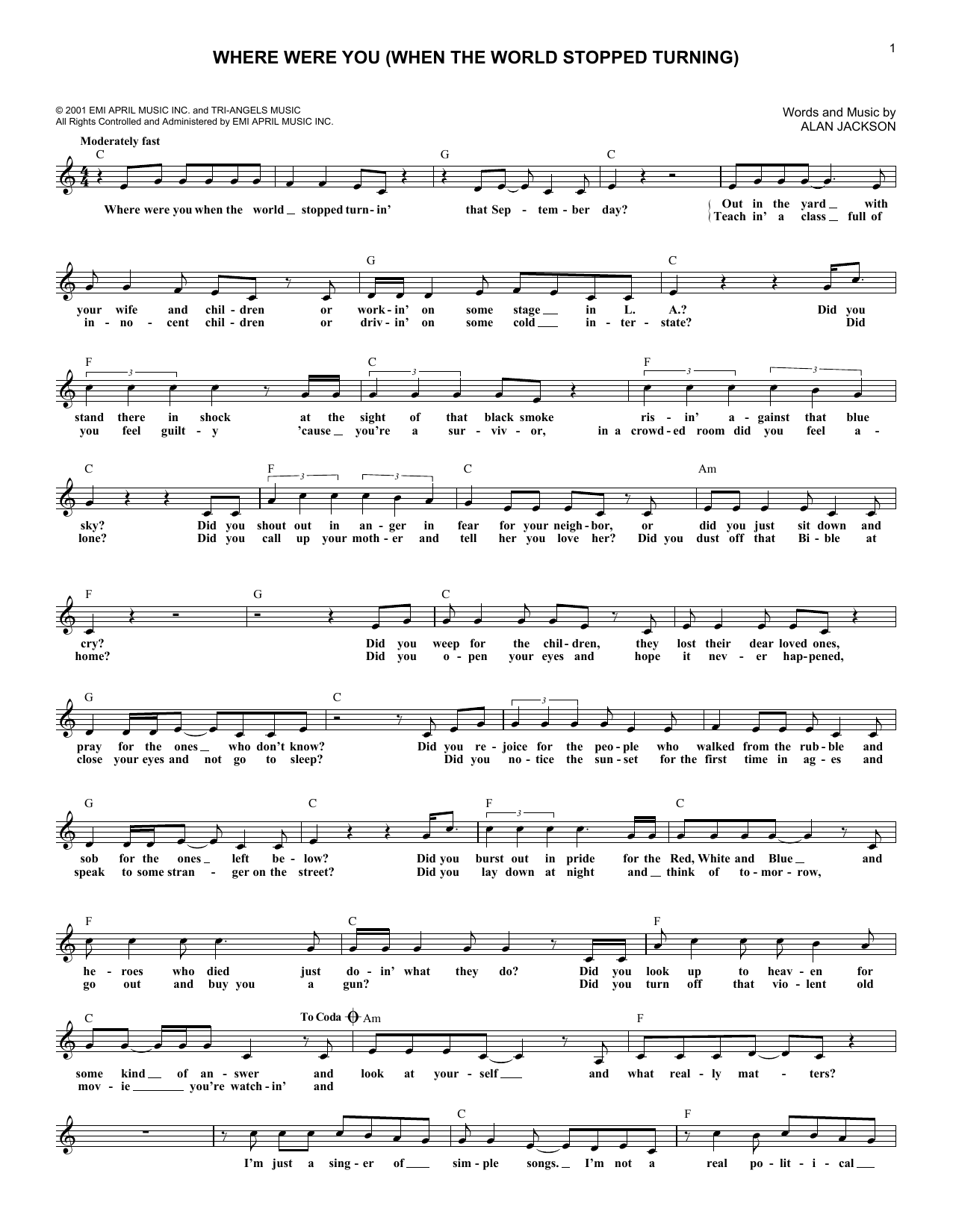 Download Alan Jackson Where Were You (When The World Stopped Sheet Music
