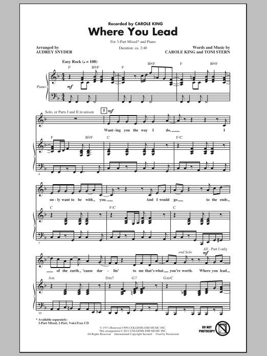 Download Carole King Where You Lead (arr. Audrey Snyder) Sheet Music