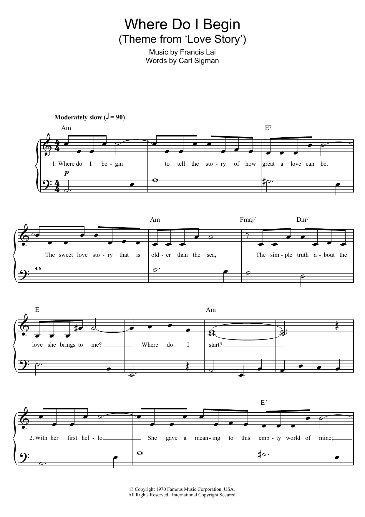 Francis Lai Where Do I Begin (theme from Love Story) sheet music notes printable PDF score