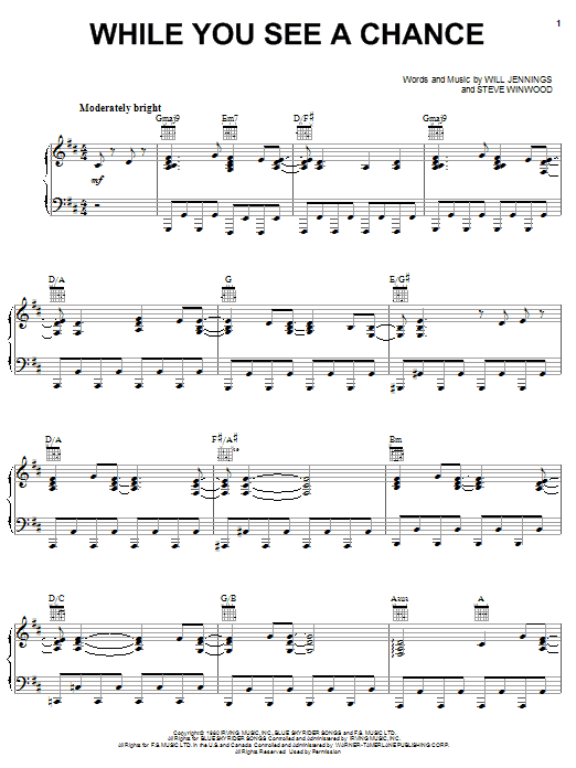 Download Steve Winwood While You See A Chance Sheet Music