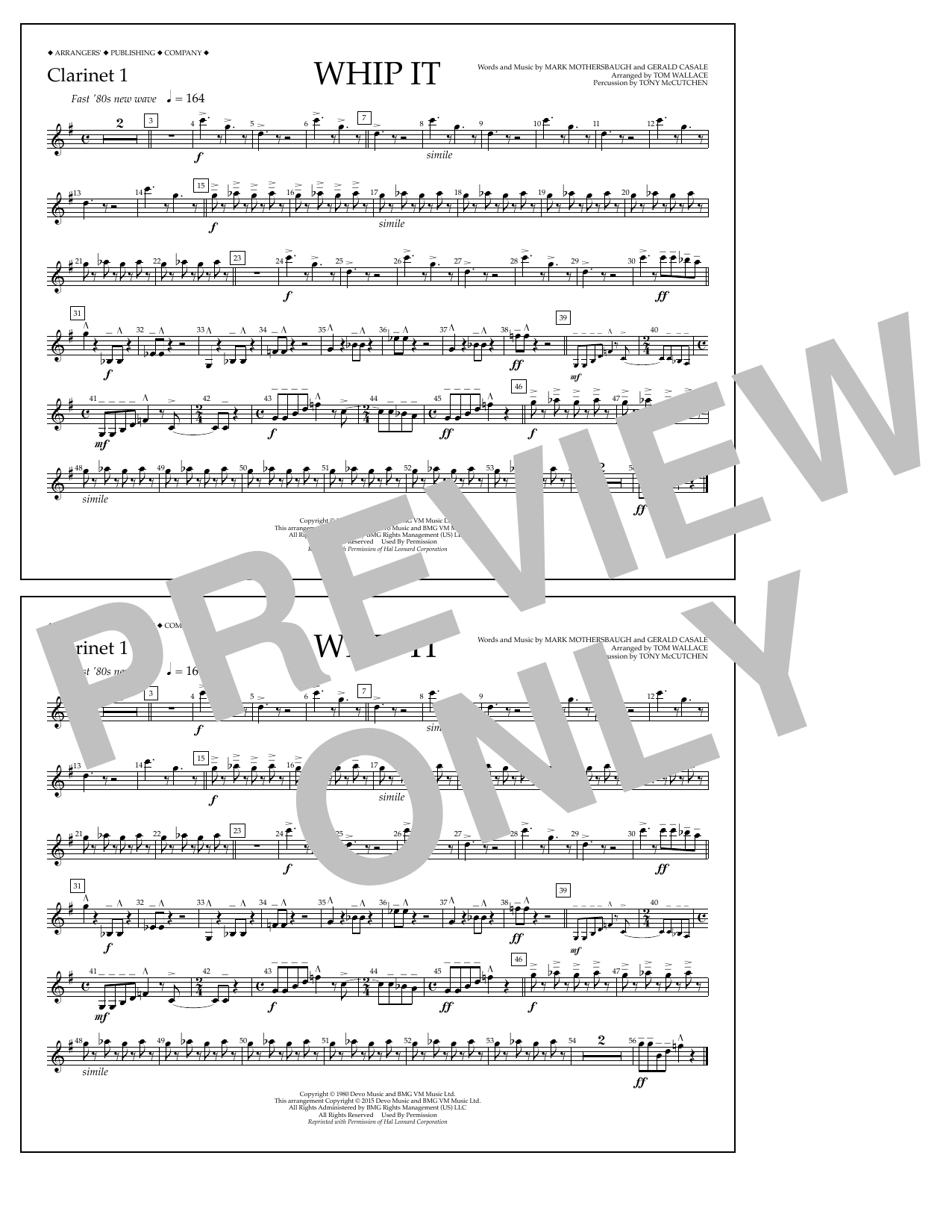 Download Tom Wallace Whip It - Clarinet 1 Sheet Music