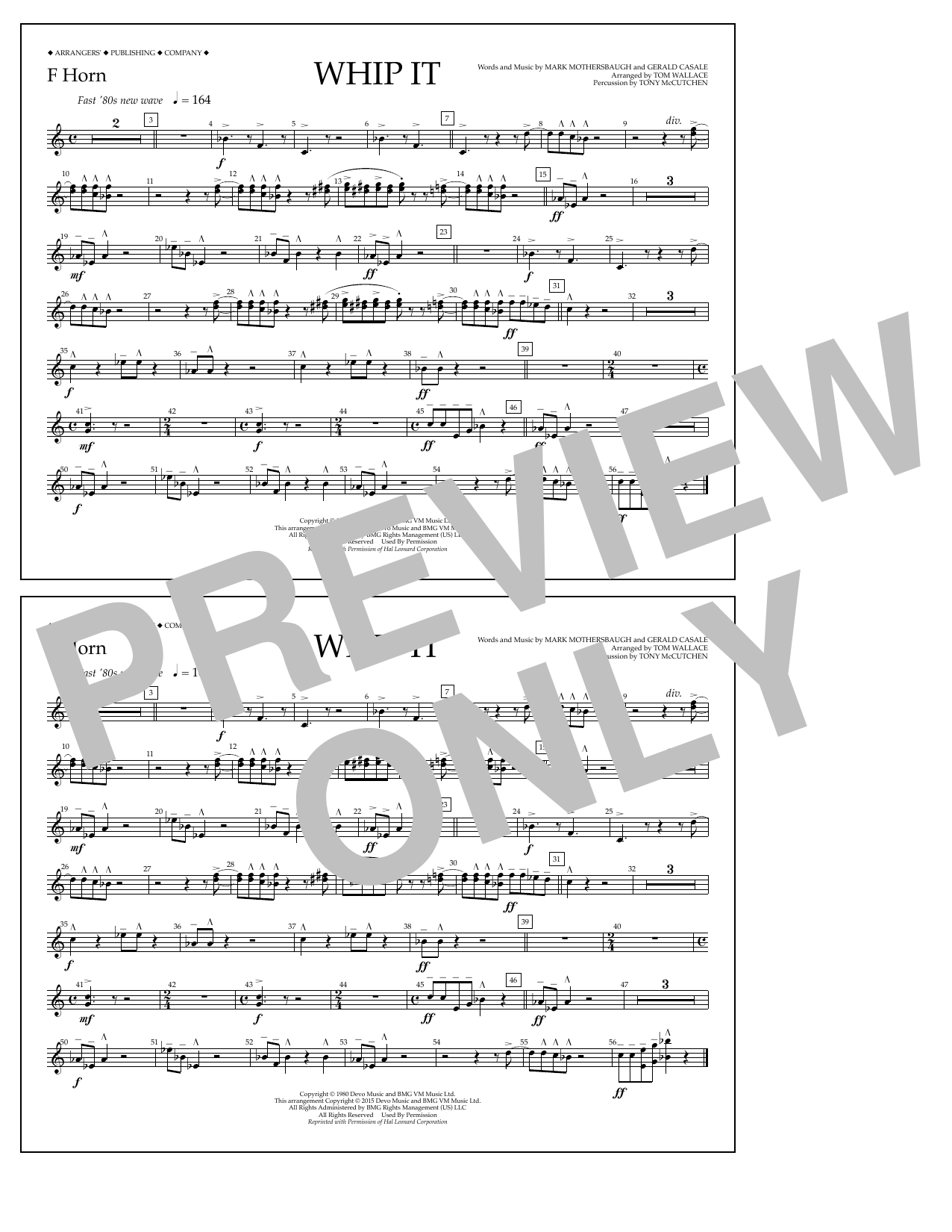 Download Tom Wallace Whip It - F Horn Sheet Music
