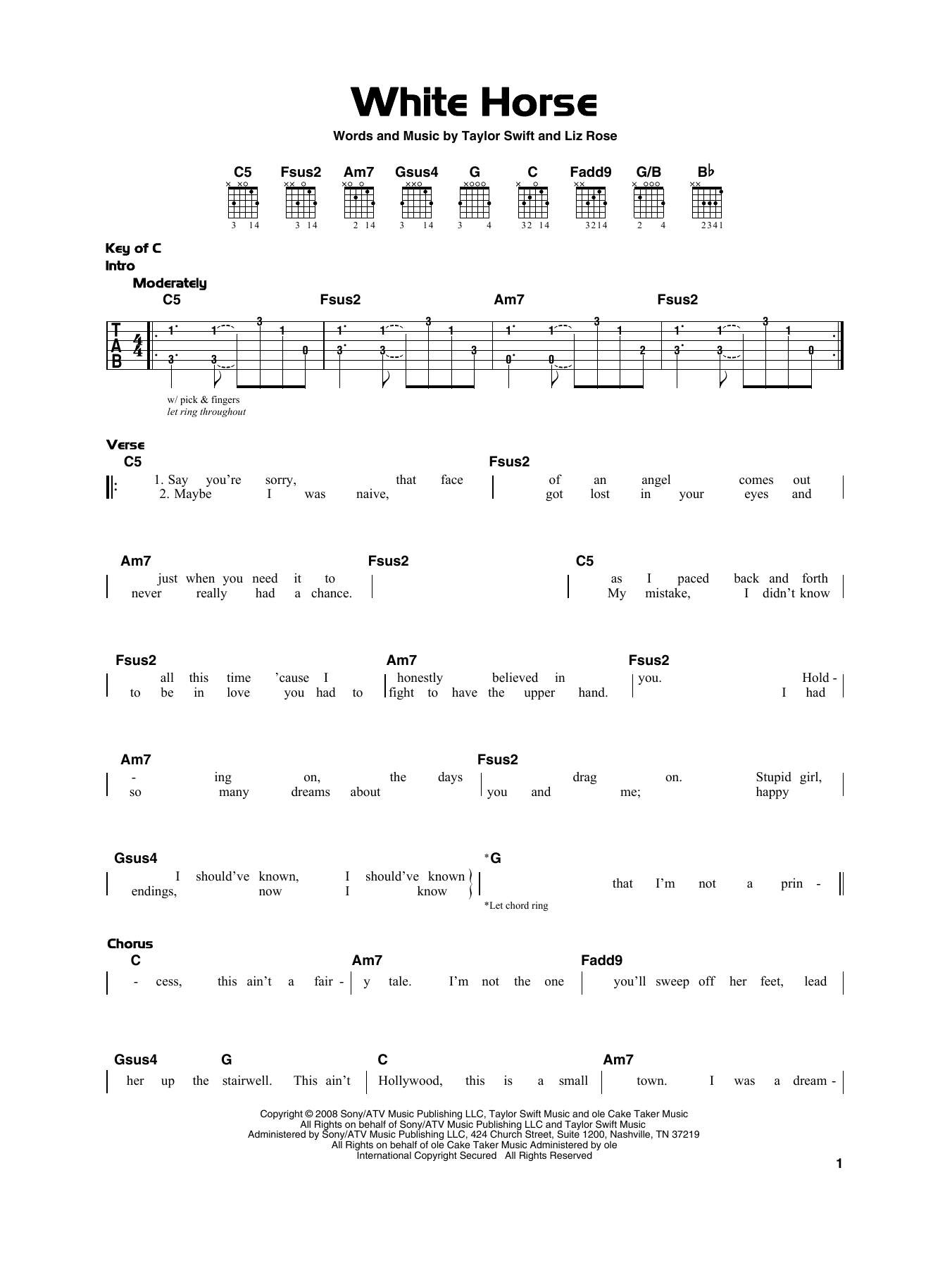 Download Taylor Swift White Horse Sheet Music