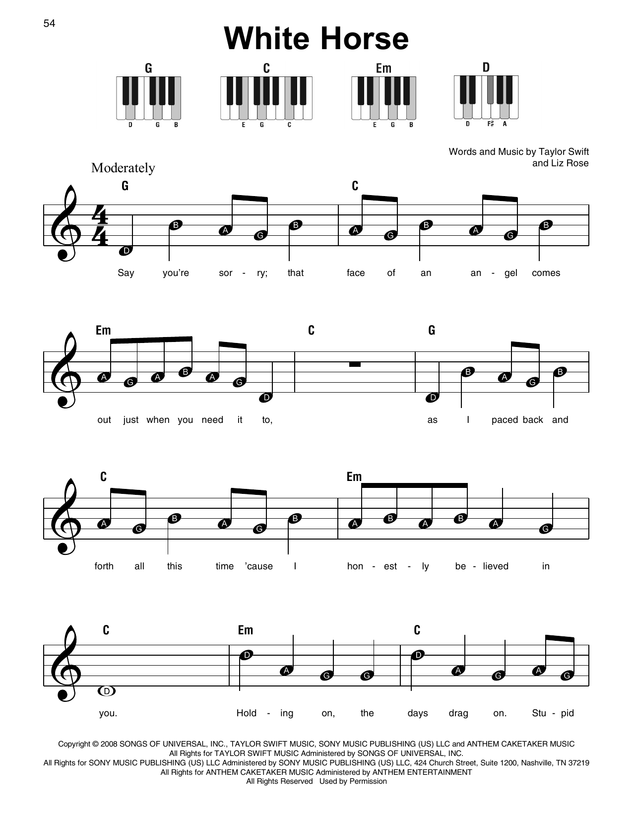 Download Taylor Swift White Horse Sheet Music