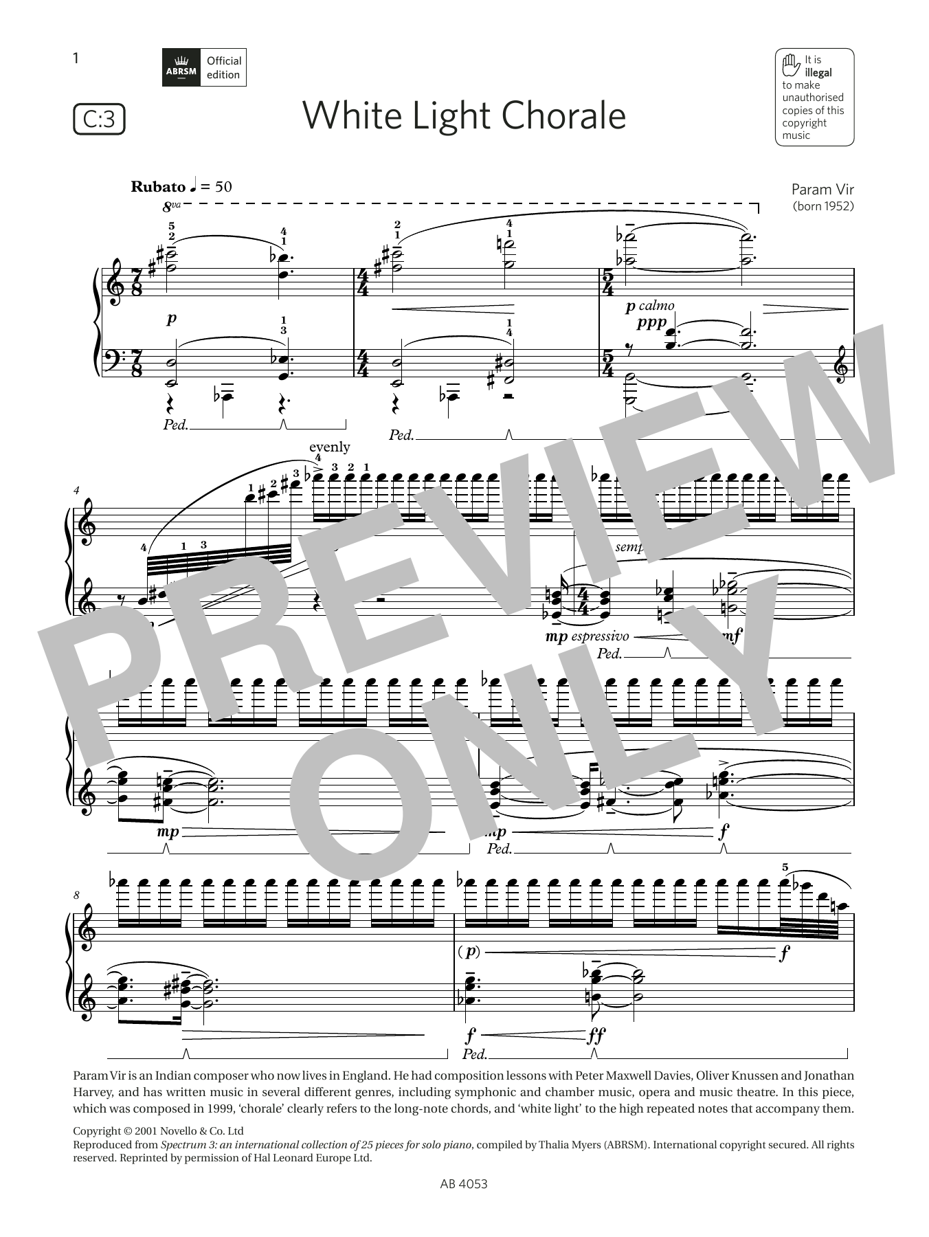Download Param Vir White Light Chorale (Grade 7, list C3, Sheet Music