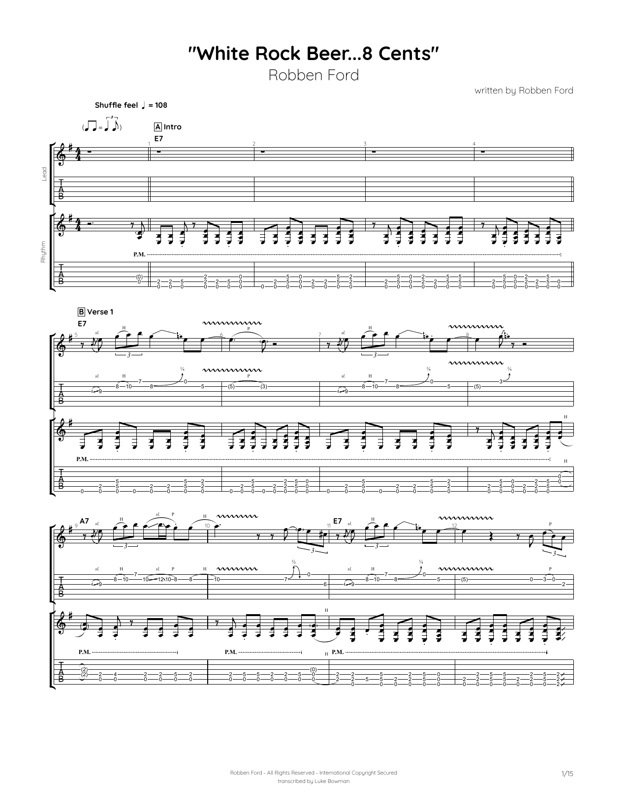 Download Robben Ford White Rock Beer...8 cents Sheet Music