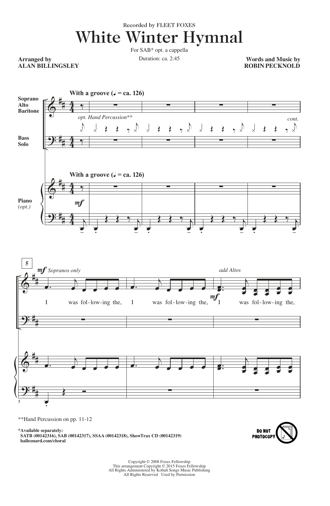 Download Pentatonix White Winter Hymnal (arr. Alan Billings Sheet Music