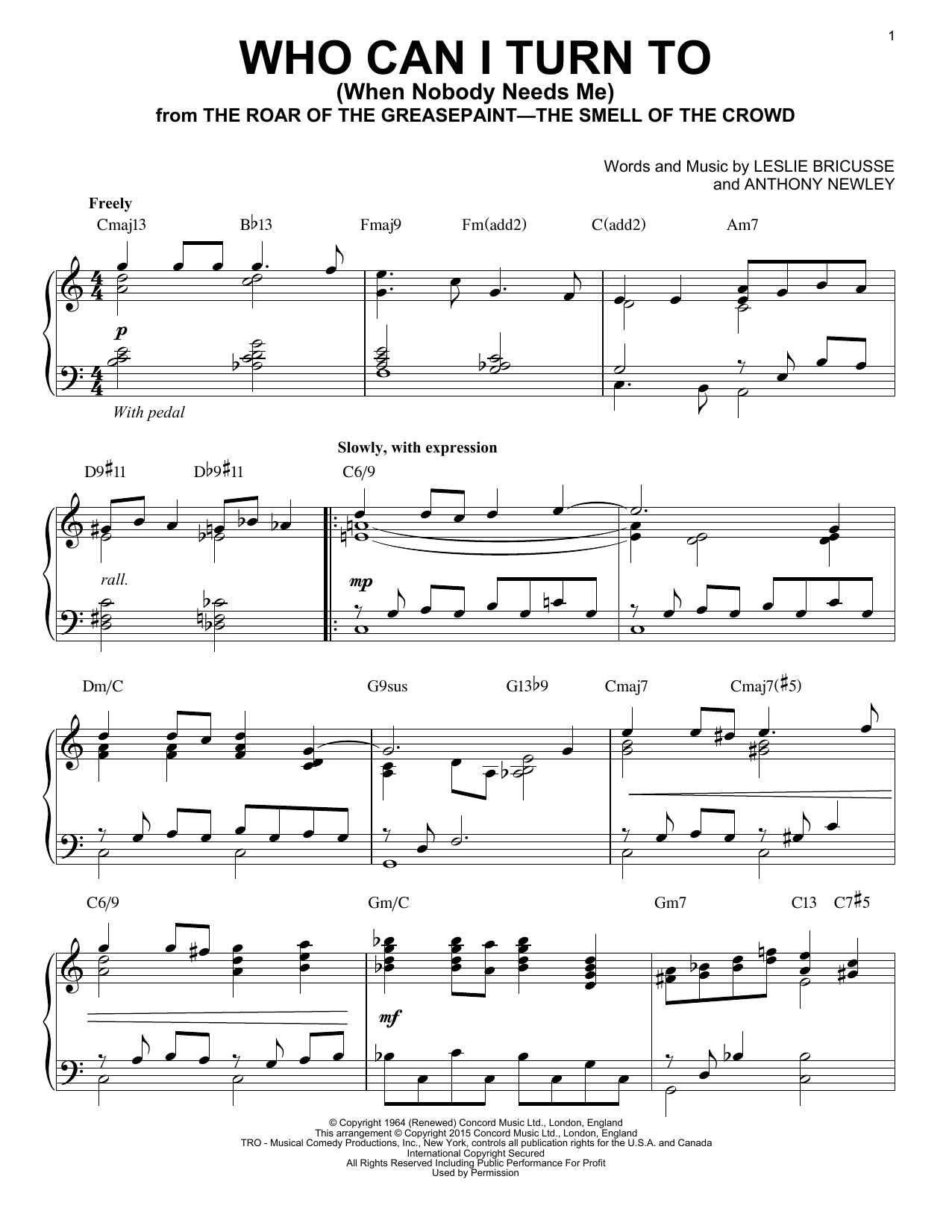 Download Leslie Bricusse Who Can I Turn To (When Nobody Needs Me Sheet Music