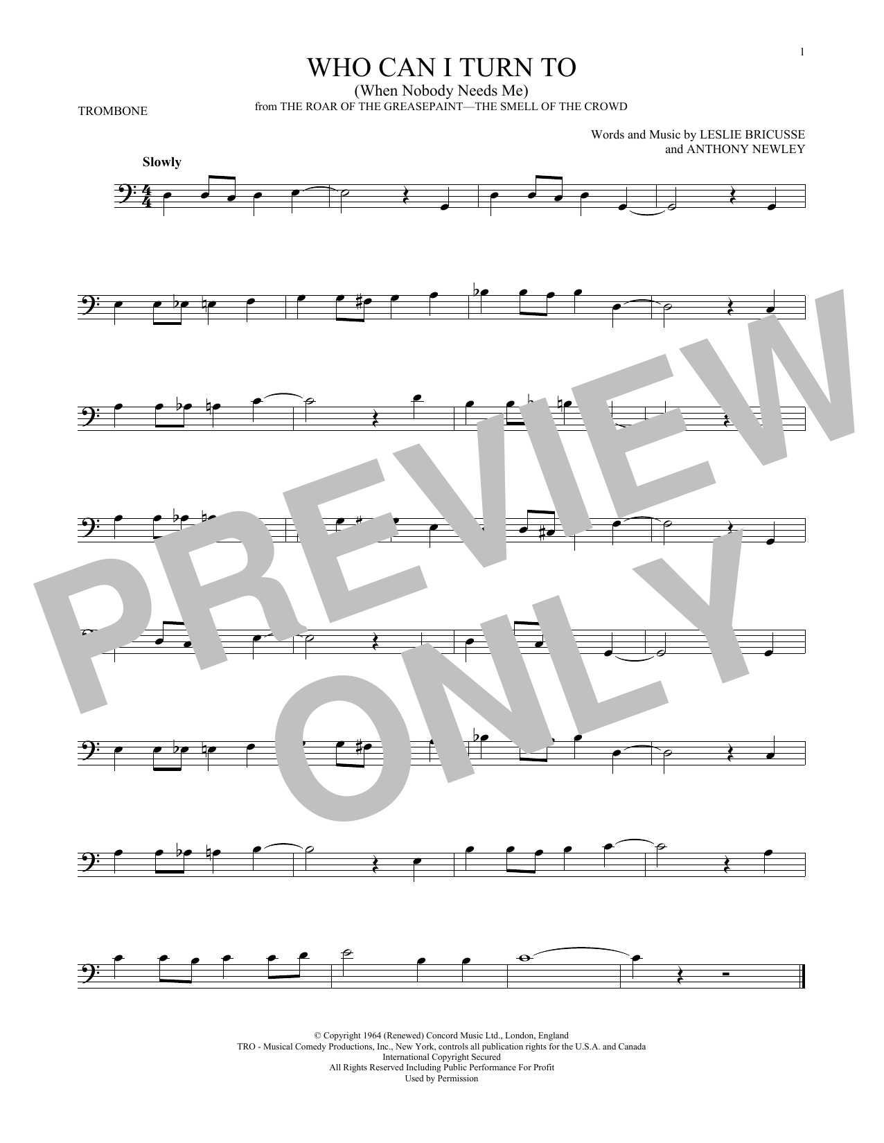 Download Leslie Bricusse Who Can I Turn To (When Nobody Needs Me Sheet Music