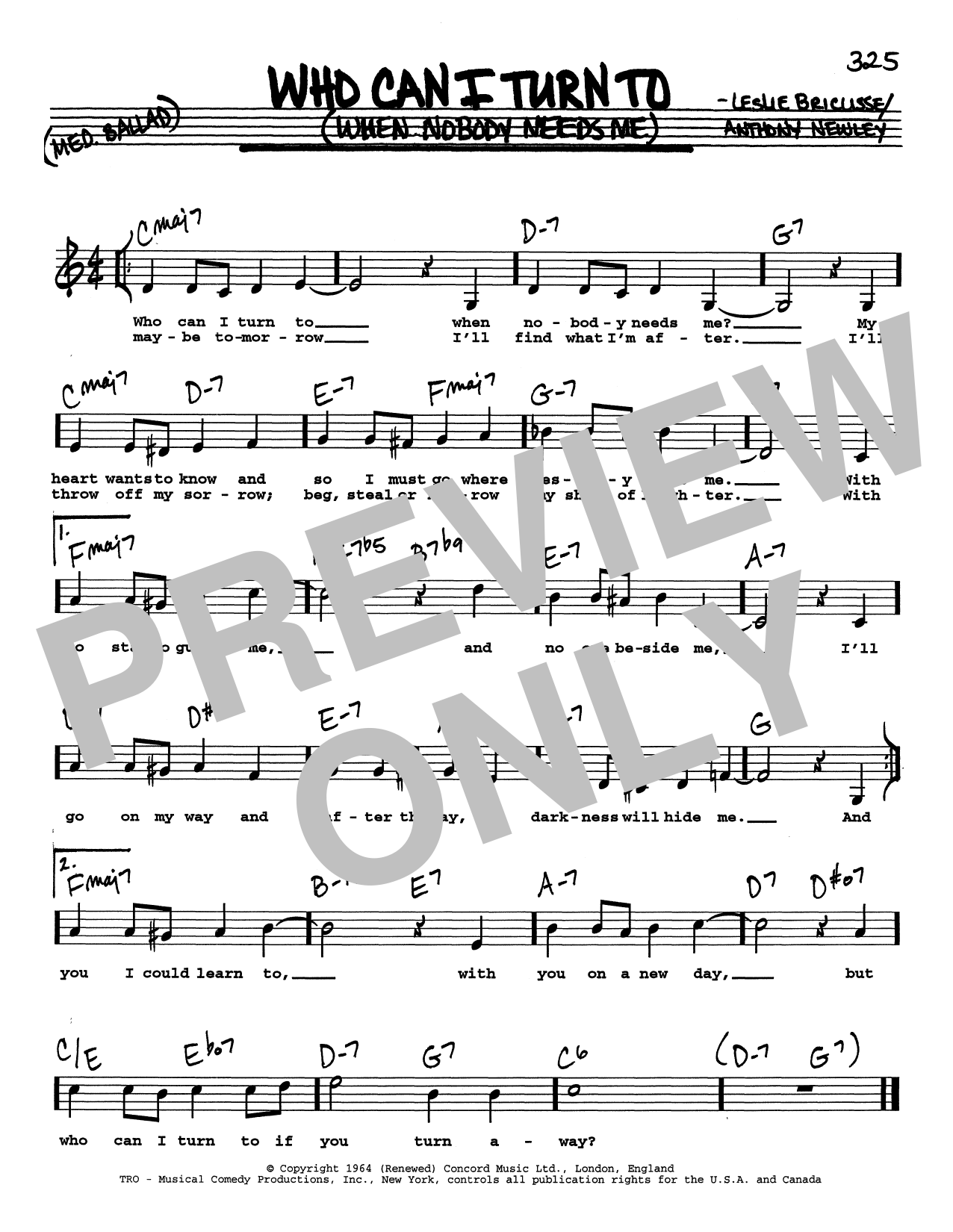 Leslie Bricusse Who Can I Turn To (When Nobody Needs Me) (Low Voice) sheet music notes printable PDF score