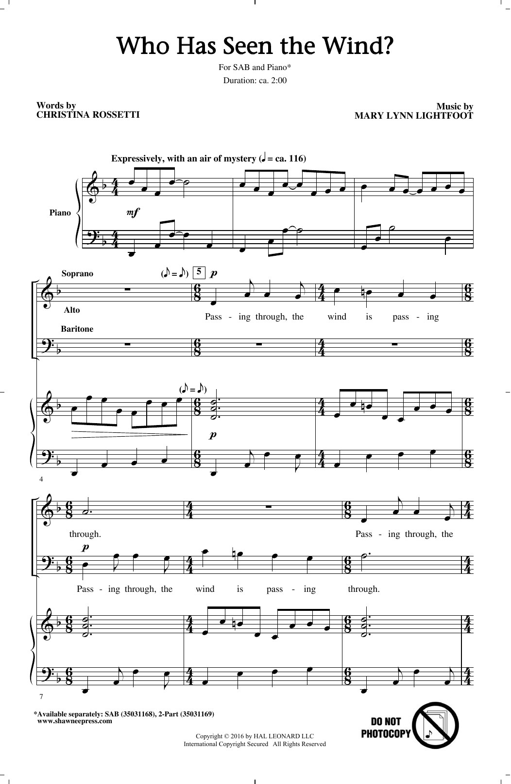 Download Mary Lynn Lightfoot Who Has Seen The Wind? Sheet Music
