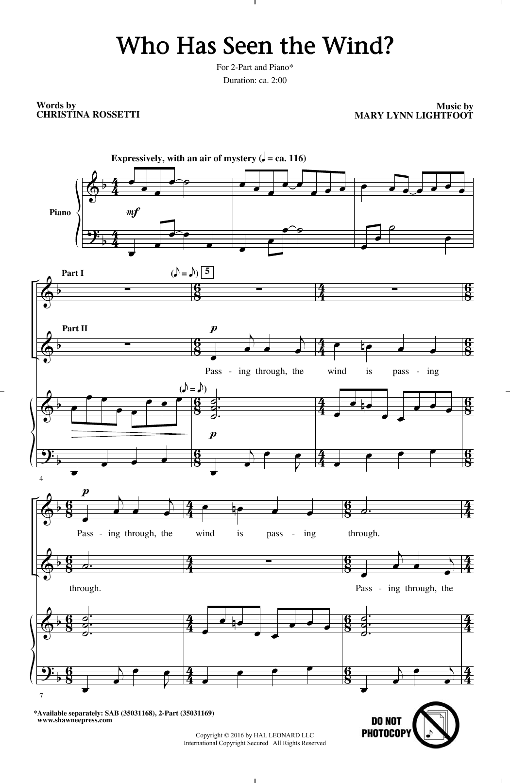 Download Mary Lynn Lightfoot Who Has Seen The Wind? Sheet Music