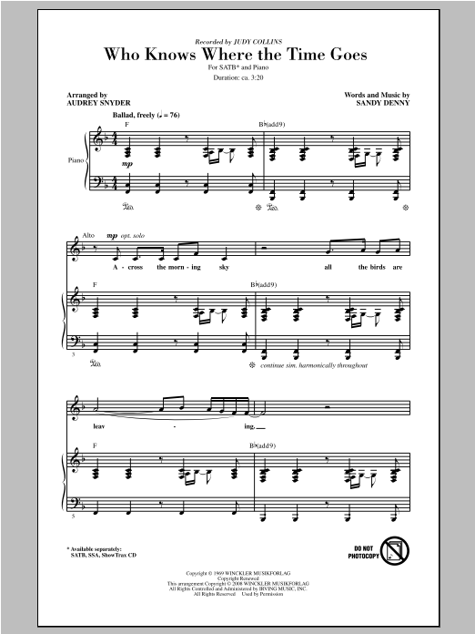 Download Judy Collins Who Knows Where The Time Goes (arr. Aud Sheet Music