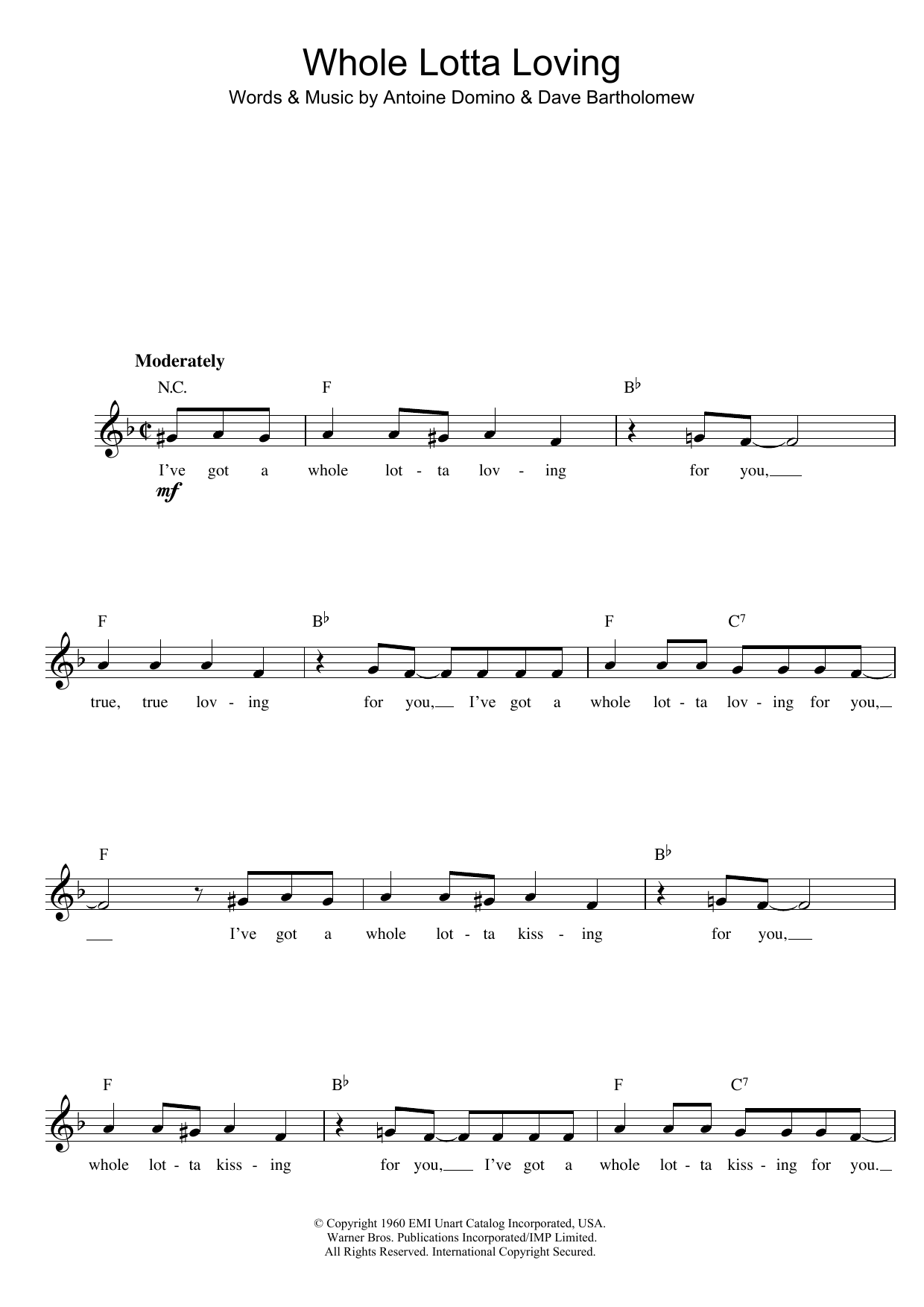 Fats Domino Whole Lotta Loving sheet music notes printable PDF score