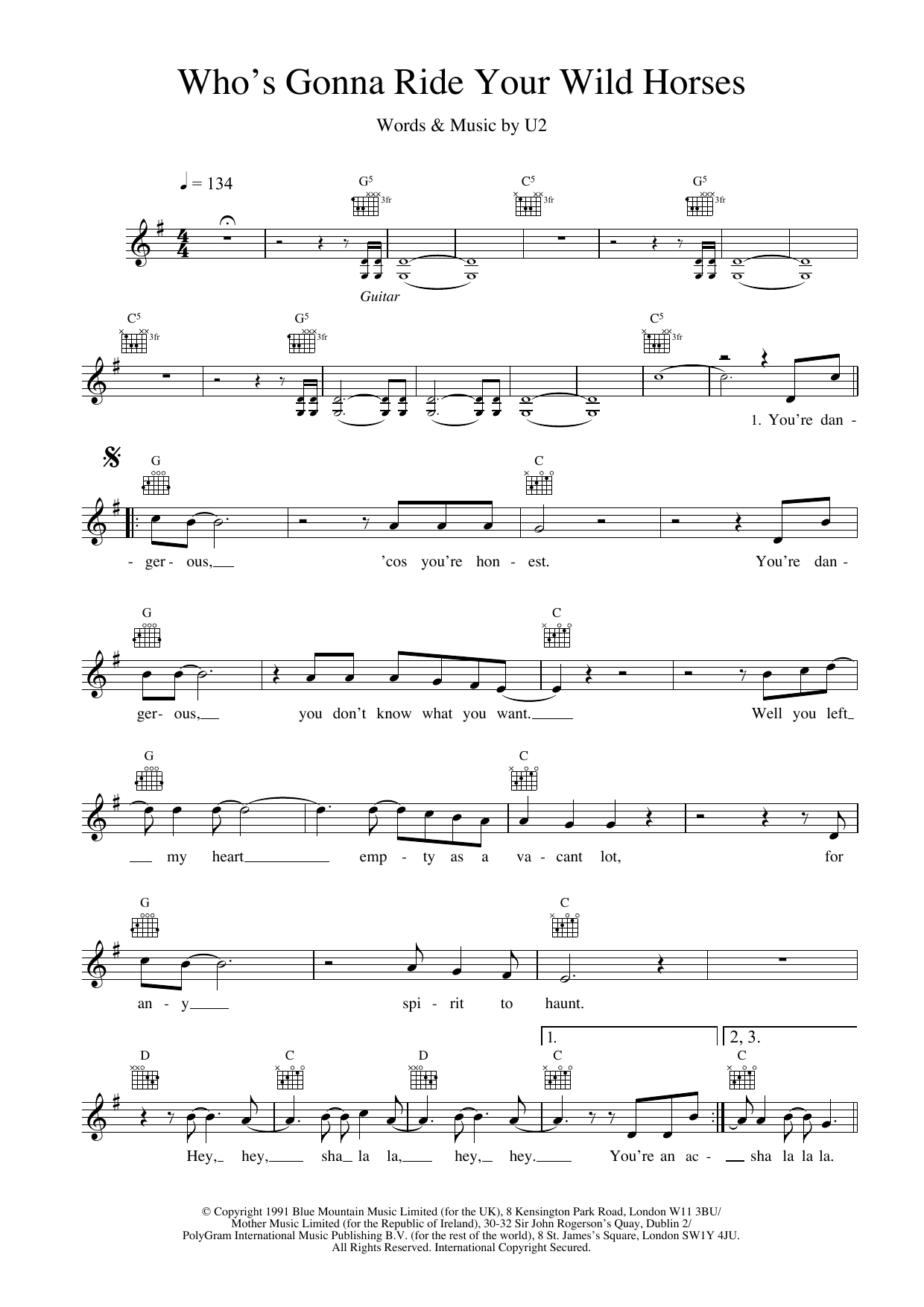 Download U2 Who's Gonna Ride Your Wild Horses Sheet Music