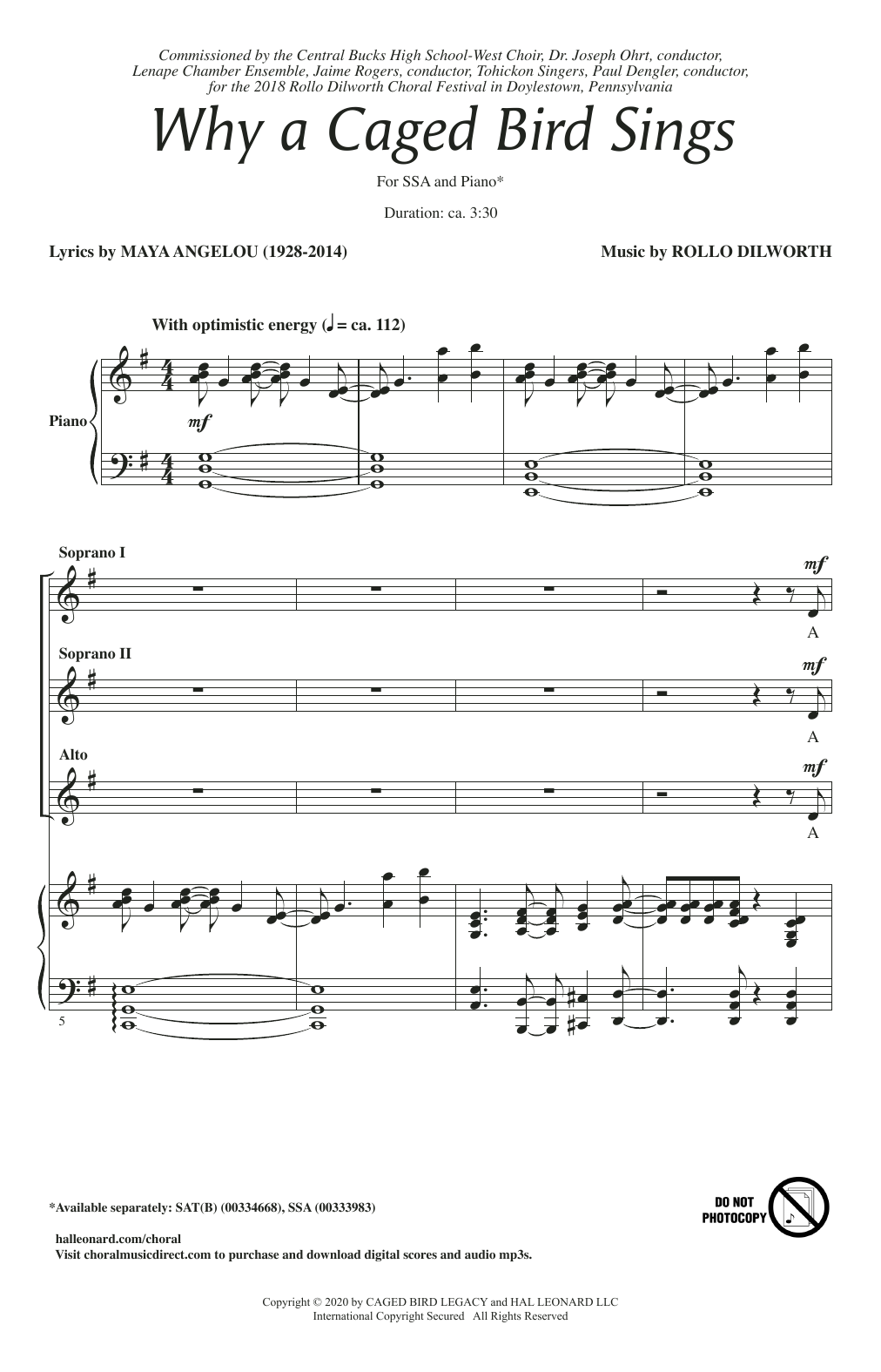 Download Maya Angelou and Rollo Dilworth Why A Caged Bird Sings Sheet Music