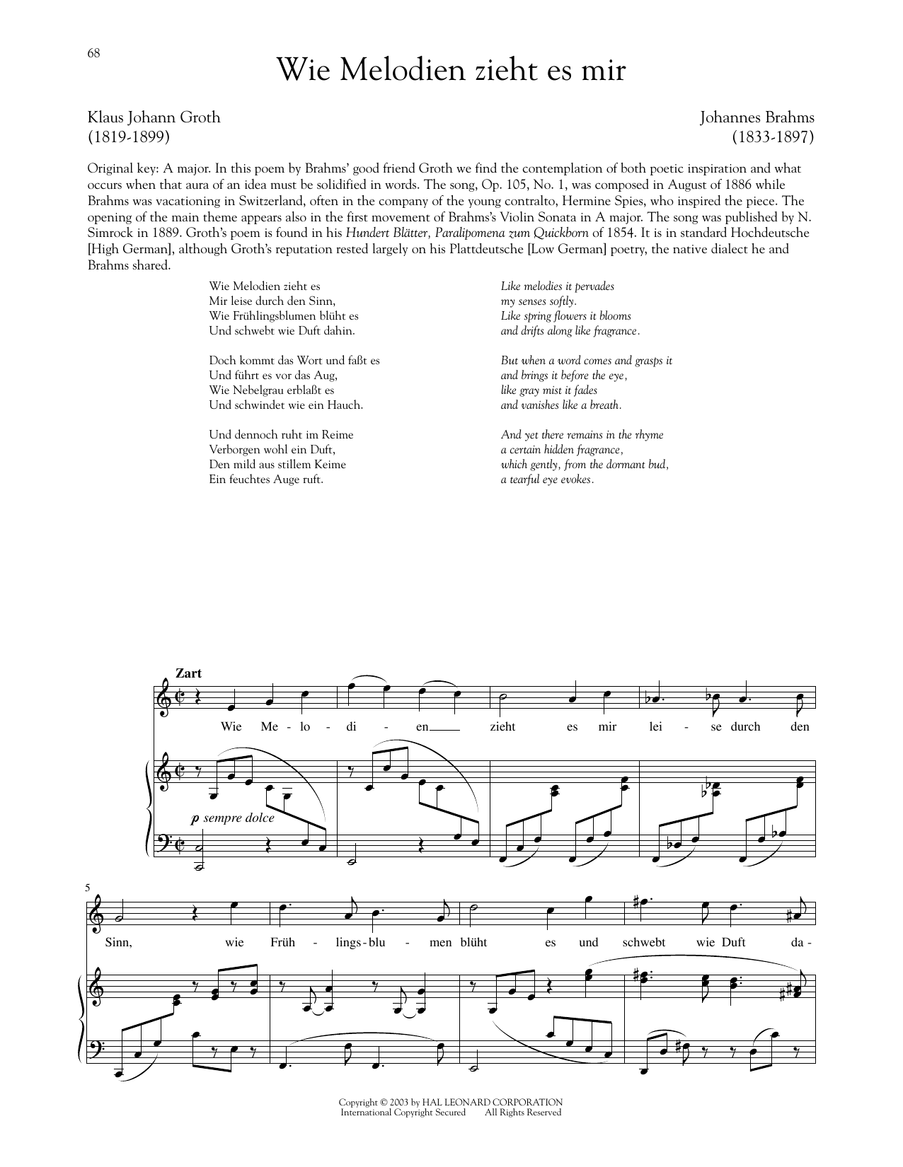 Download Johannes Brahms Wie Melodien Zieht Es Mir, Op. 105, No. Sheet Music