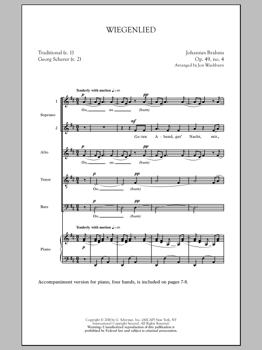 Download Johannes Brahms Wiegenlied (arr. Jon Washburn) Sheet Music