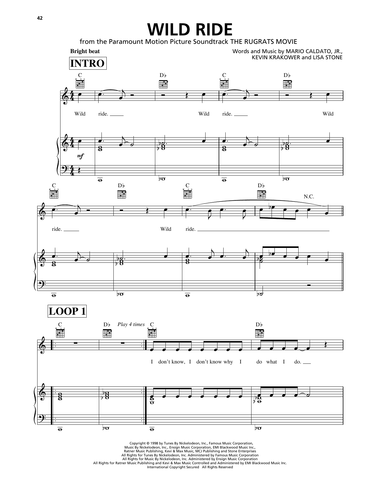 Download Kevi of 1000 Clowns & Lisa Stone Wild Ride (from The Rugrats Movie) Sheet Music