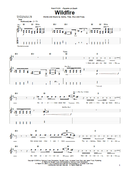 Download P.O.D. (Payable On Death) Wildfire Sheet Music