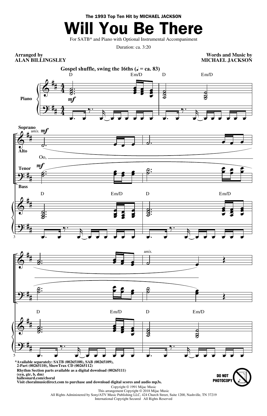 Download Michael Jackson Will You Be There (Arr. Alan Billingsle Sheet Music