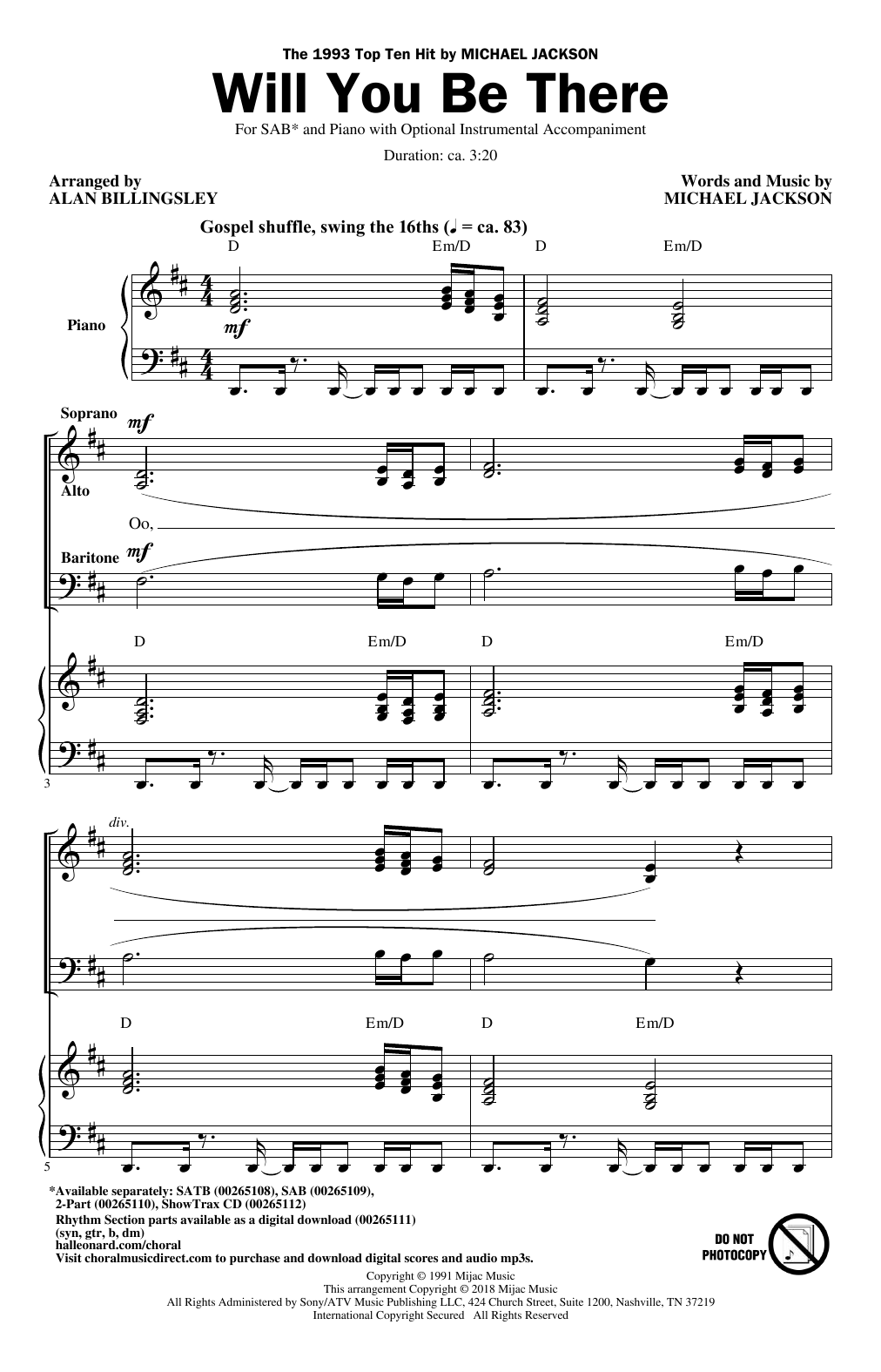 Download Michael Jackson Will You Be There (Arr. Alan Billingsle Sheet Music