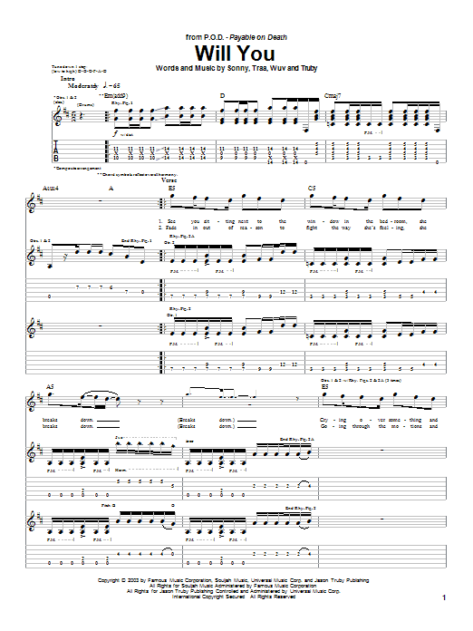 Download P.O.D. (Payable On Death) Will You Sheet Music