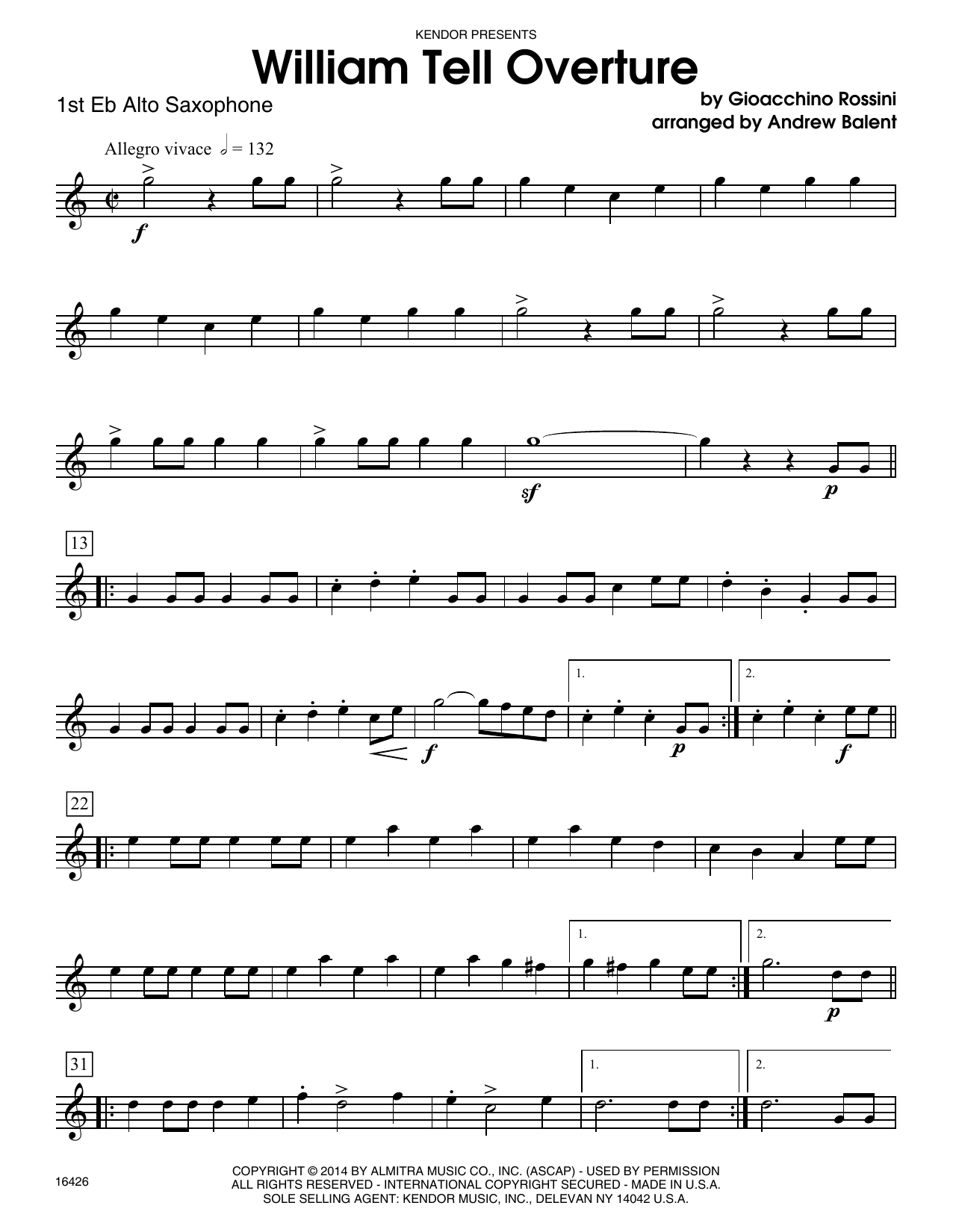 Download Andrew Balent William Tell Overture - 1st Eb Alto Sax Sheet Music