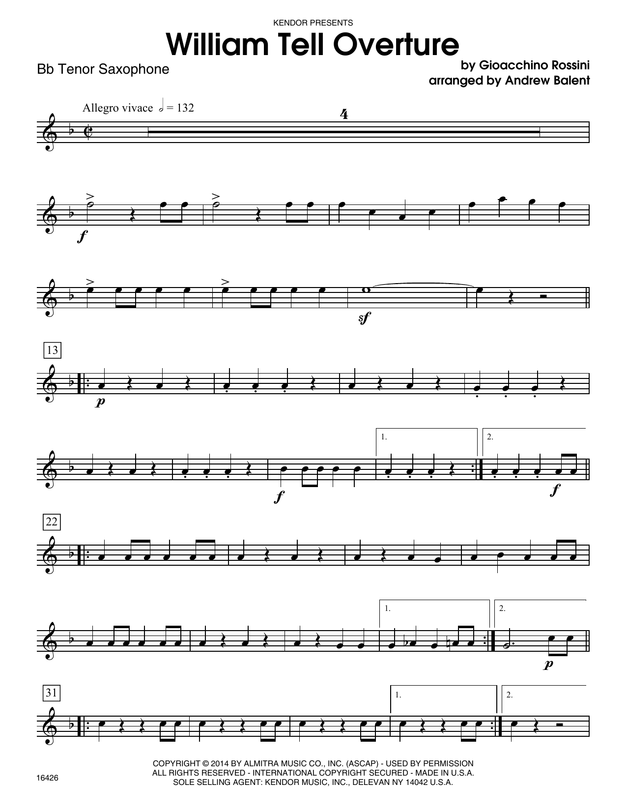 Download Andrew Balent William Tell Overture - Bb Tenor Saxoph Sheet Music