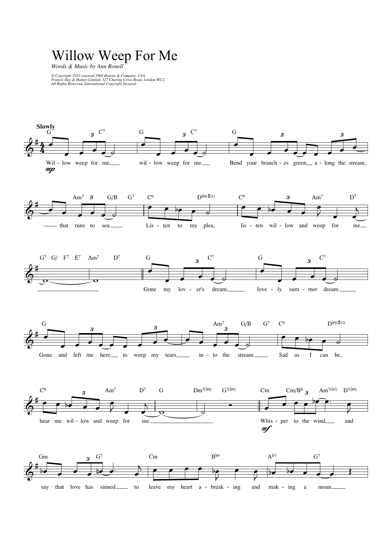 Ann Ronell Willow Weep For Me sheet music notes printable PDF score