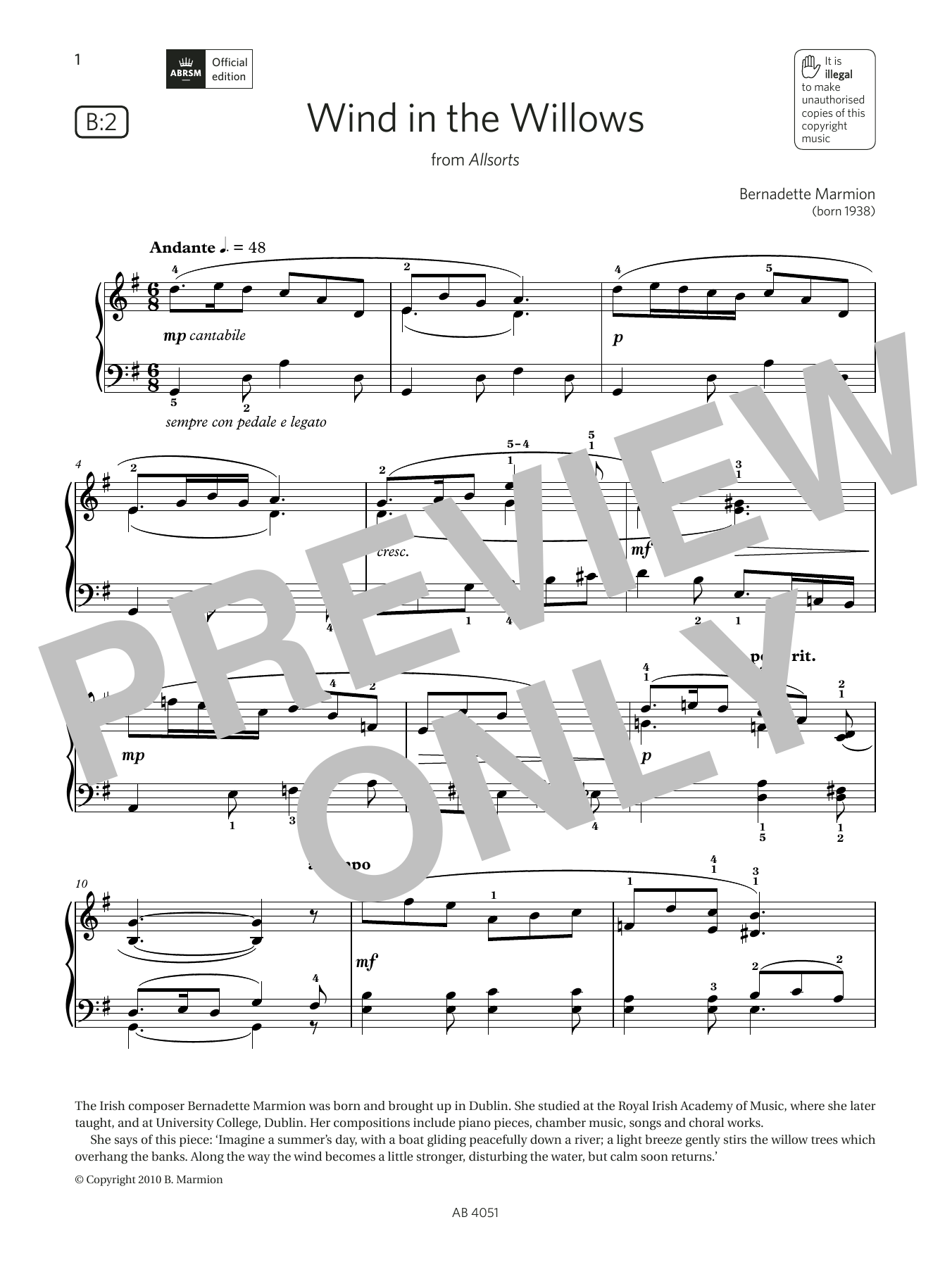 Download Bernadette Marmion Wind in the Willows (Grade 5, list B2, Sheet Music
