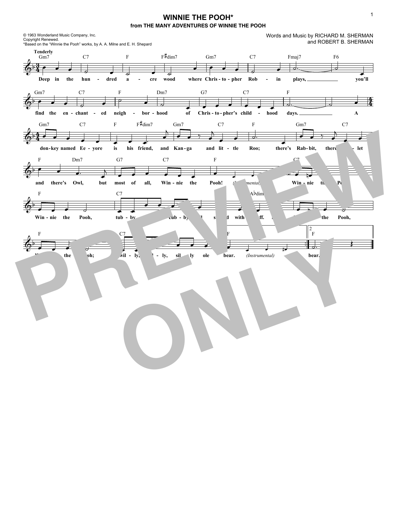 Sherman Brothers Winnie The Pooh (from The Many Adventures Of Winnie The Pooh) sheet music notes printable PDF score