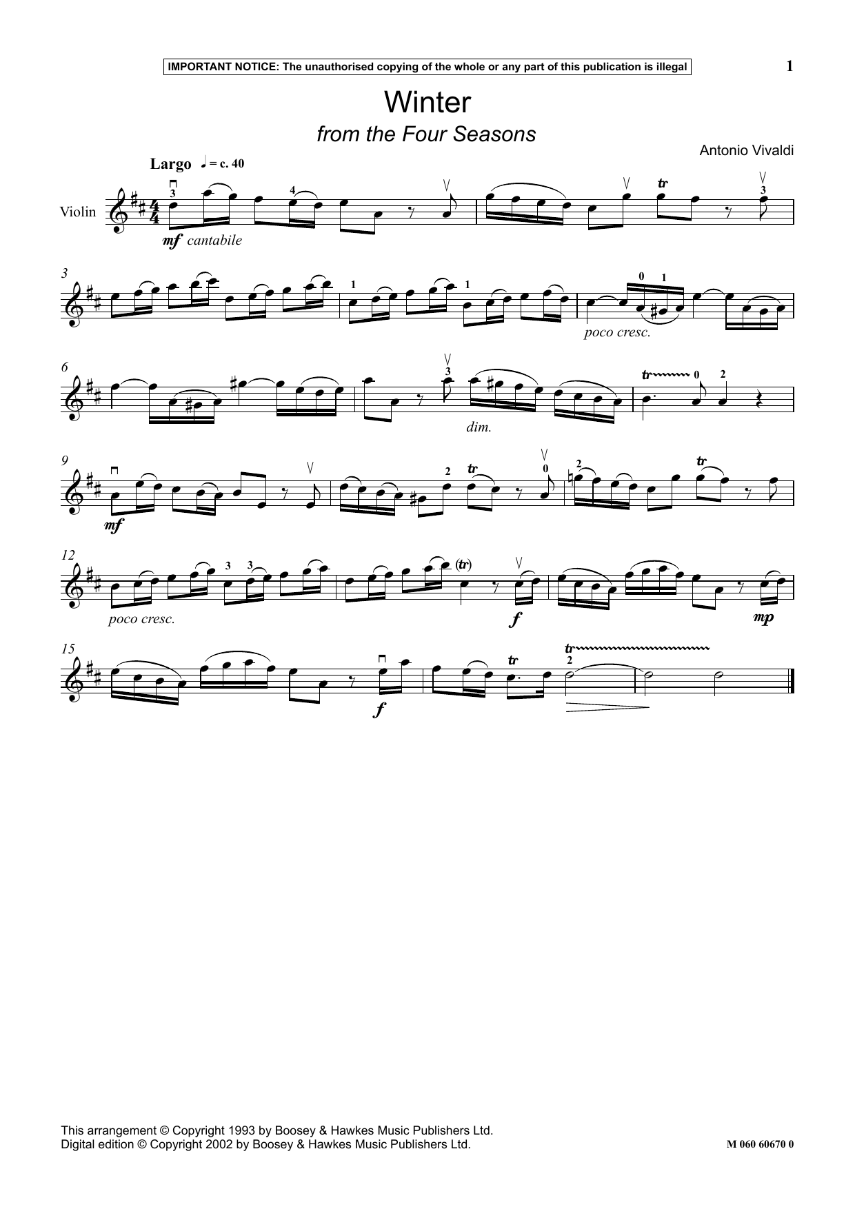 Download Antonio Vivaldi Winter (from The Four Seasons) Sheet Music
