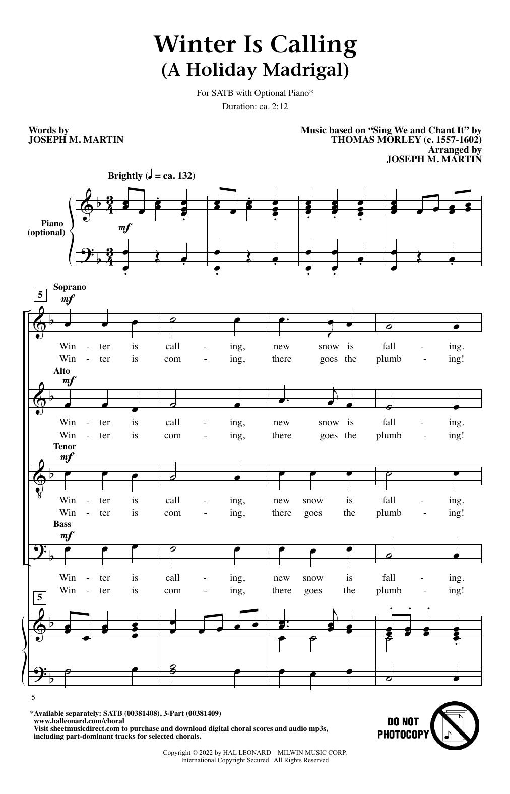 Download Joseph M. Martin Winter Is Calling (A Holiday Madrigal) Sheet Music