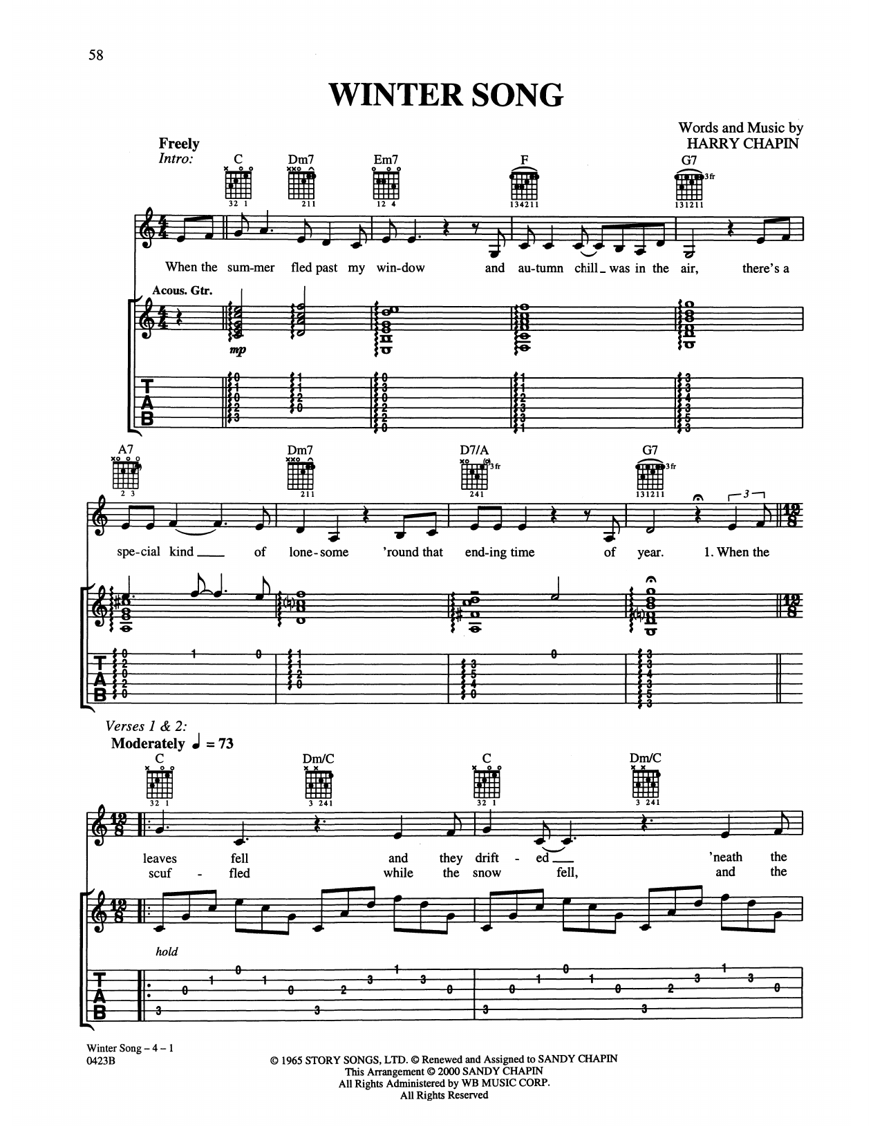 Download Harry Chapin Winter Song Sheet Music