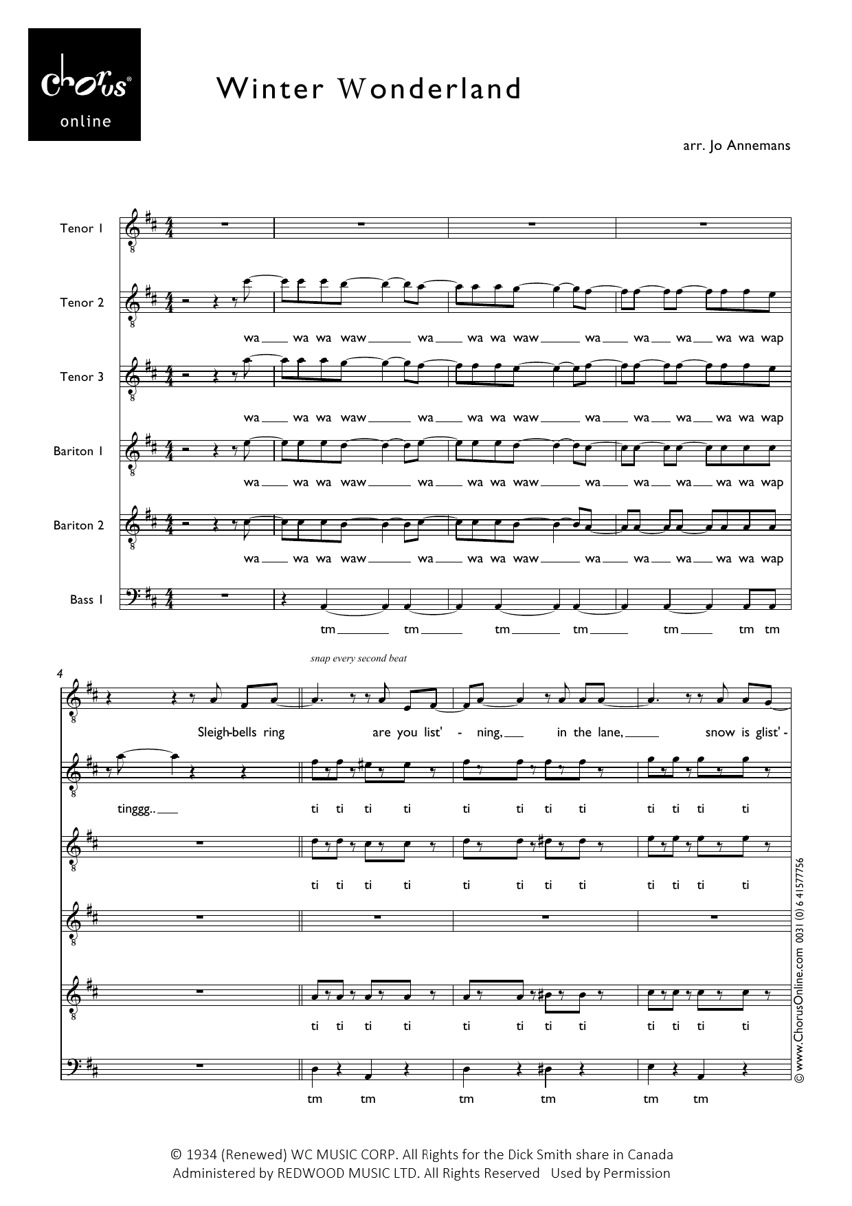 Voice Male Winter Wonderland (arr. Jo Annemans) sheet music notes printable PDF score
