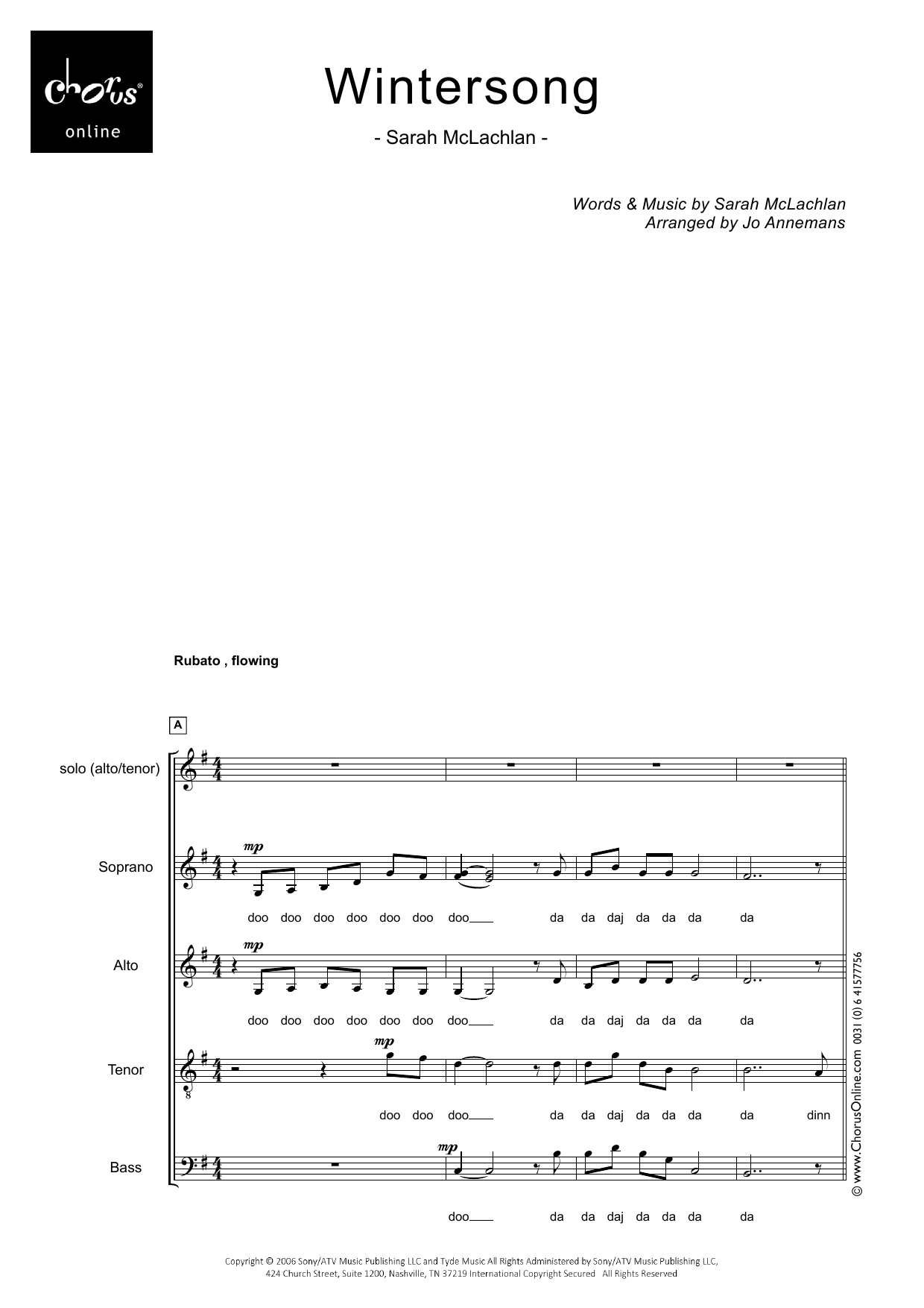 Sarah McLachlan WinterSong (arr. Jo Annemans) sheet music notes printable PDF score