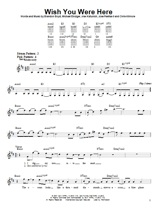 Download Incubus Wish You Were Here Sheet Music