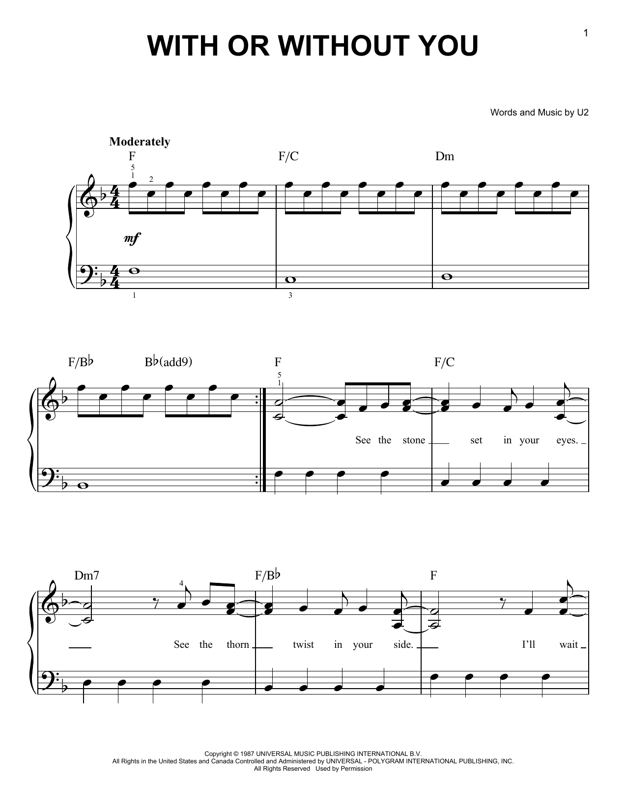 Download U2 With Or Without You Sheet Music