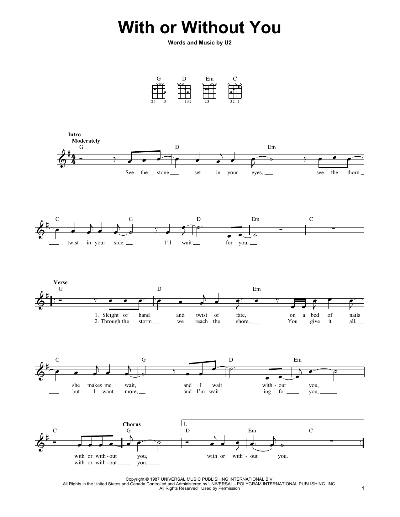 Download U2 With Or Without You Sheet Music