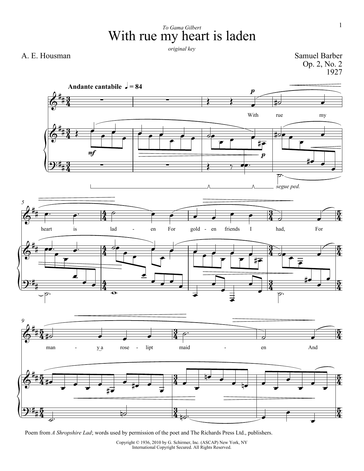 Download Samuel Barber With Rue My Heart Is Laden Sheet Music