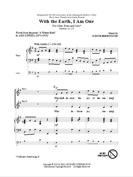 Download Judith Herrington With The Earth, I Am One Sheet Music