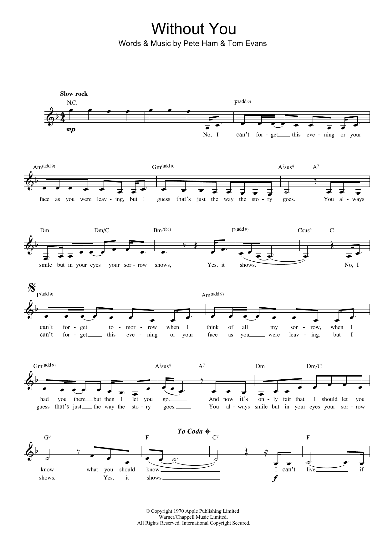 Download Harry Nilsson Without You Sheet Music