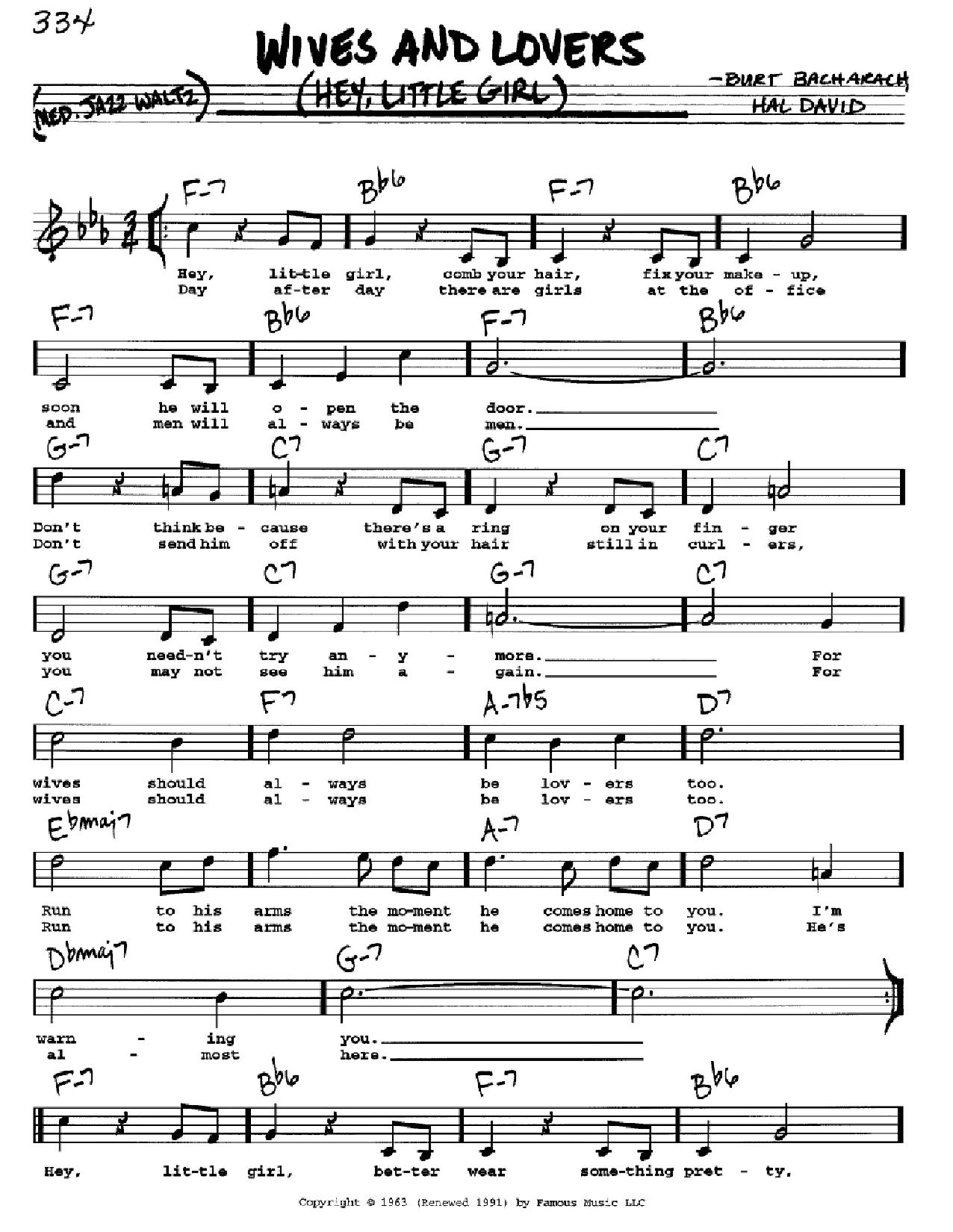 Download Bacharach & David Wives And Lovers (Hey, Little Girl) Sheet Music