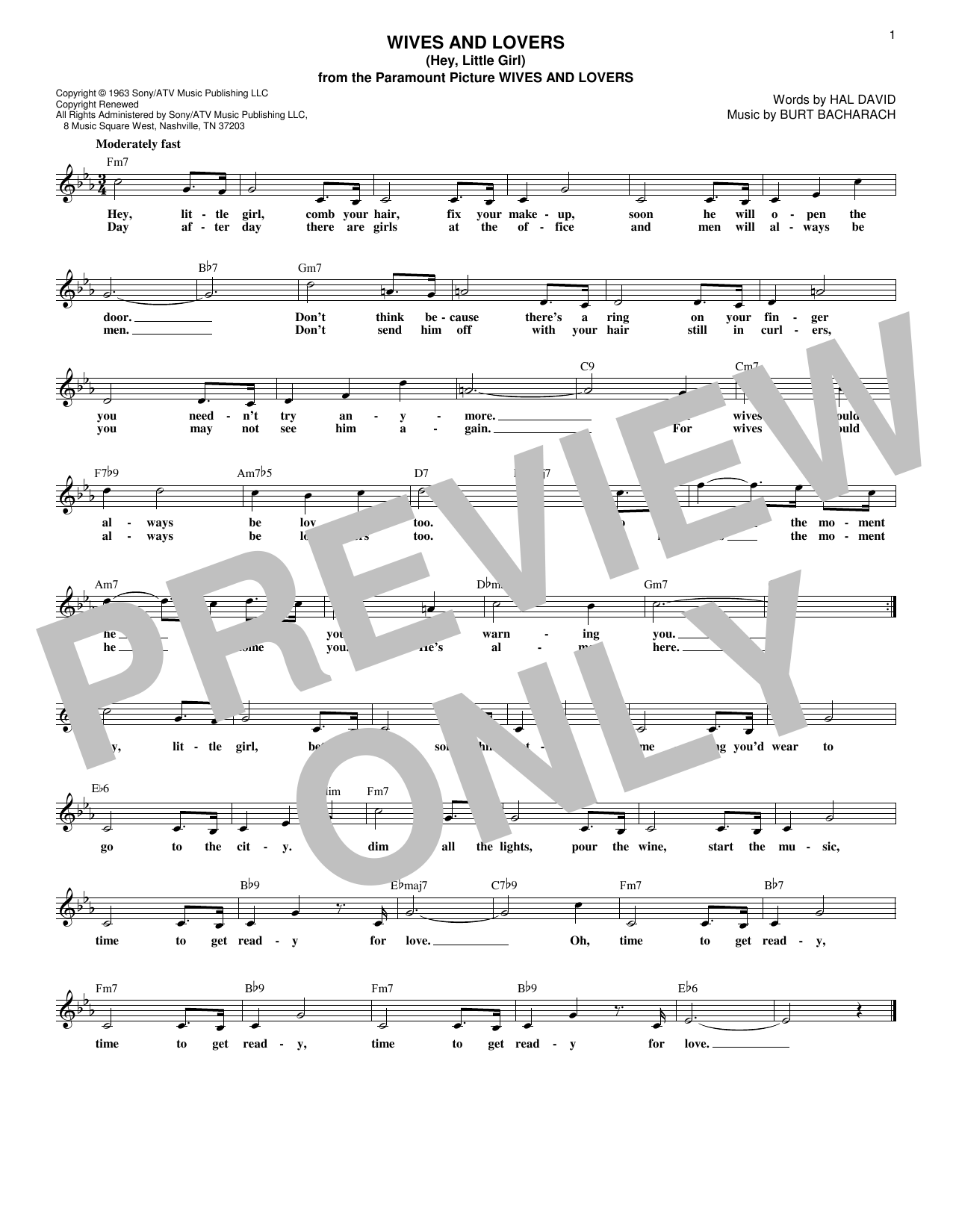 Download Burt Bacharach Wives And Lovers (Hey, Little Girl) Sheet Music