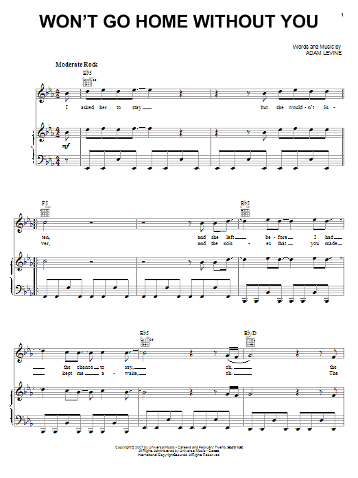 Download Maroon 5 Won't Go Home Without You Sheet Music